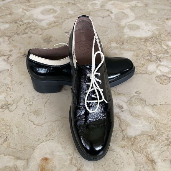 Wonders Smart Blackk / White Patent Block Heel Oxford Lace Up Shoes Ultra Light - Picture 4 of 16